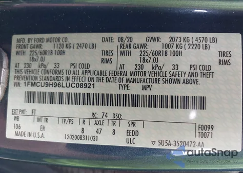 2020 Ford Escape Sel из США, поврежденный, VIN 1FMCU9H96LUC08921